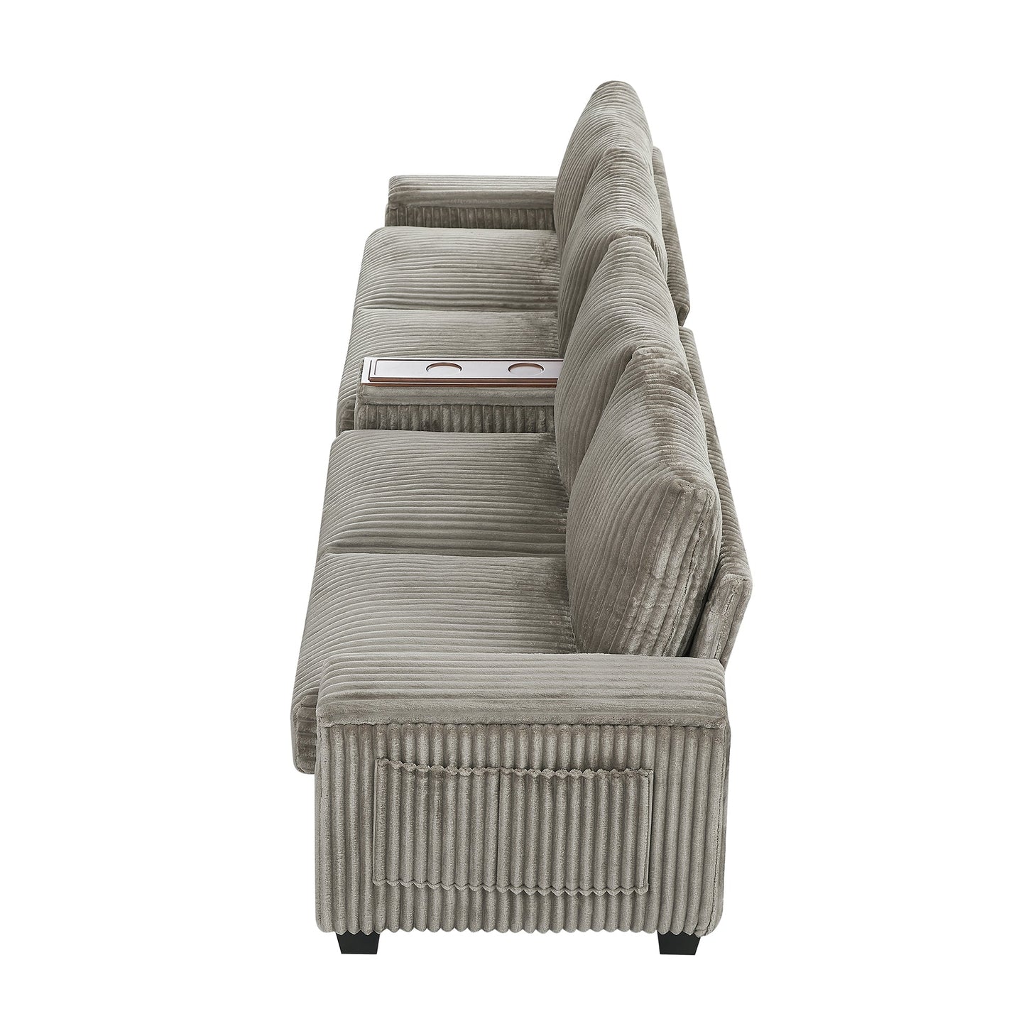 Modern 4-Seater Corduroy Sofa Couch With USB Ports, Hidden Storage Arms, and Flip-Top Cup Holders, Brown, 133 Inches