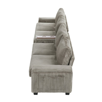 Modern 4-Seater Corduroy Sofa Couch With USB Ports, Hidden Storage Arms, and Flip-Top Cup Holders, Brown, 133 Inches
