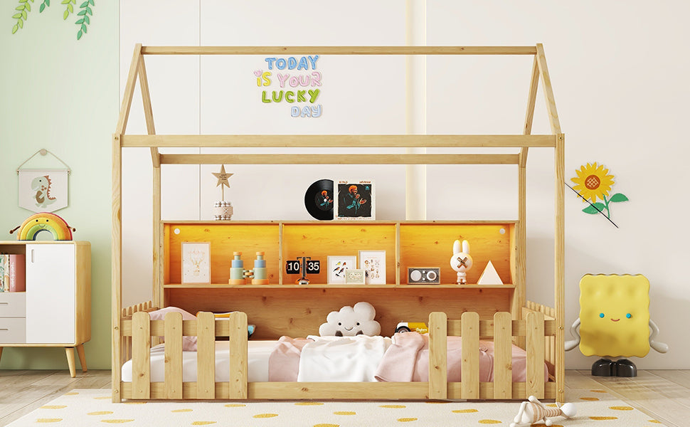 Twin Size House Bed With LED Light, Wood House Bed With Storage Bookshelf, Floor House Bed With Guardrails for Kids, Nat