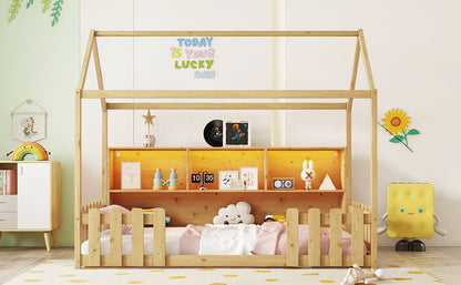 Twin Size House Bed With LED Light, Wood House Bed With Storage Bookshelf, Floor House Bed With Guardrails for Kids, Nat