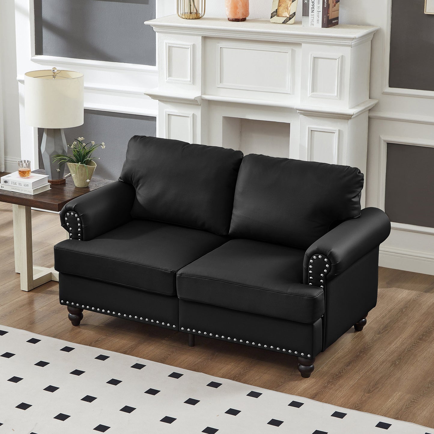 59.5' Modern Classic Design With Nails Living Room Loveseat Leather Couch,Upholstered Imitation Cowhide Leather Black