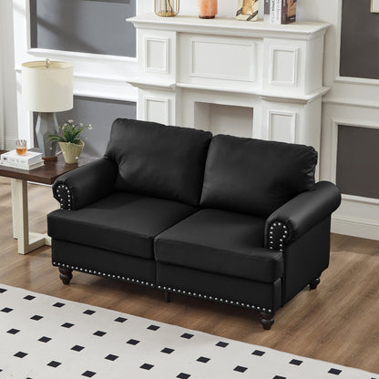 59.5' Modern Classic Design With Nails Living Room Loveseat Leather Couch,Upholstered Imitation Cowhide Leather Black