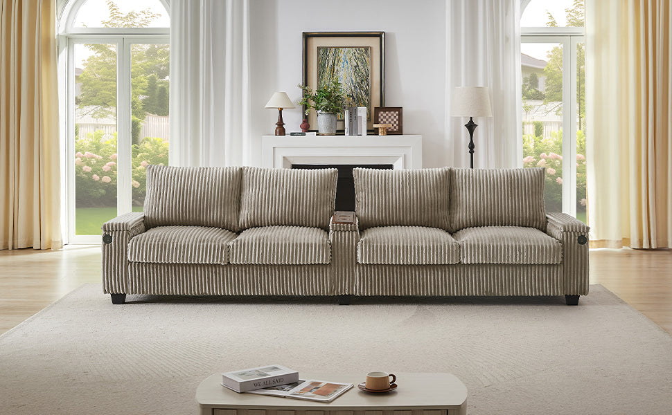 Modern 4-Seater Corduroy Sofa Couch With USB Ports, Hidden Storage Arms, and Flip-Top Cup Holders, Brown, 133 Inches