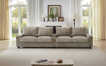 Modern 4-Seater Corduroy Sofa Couch With USB Ports, Hidden Storage Arms, and Flip-Top Cup Holders, Brown, 133 Inches