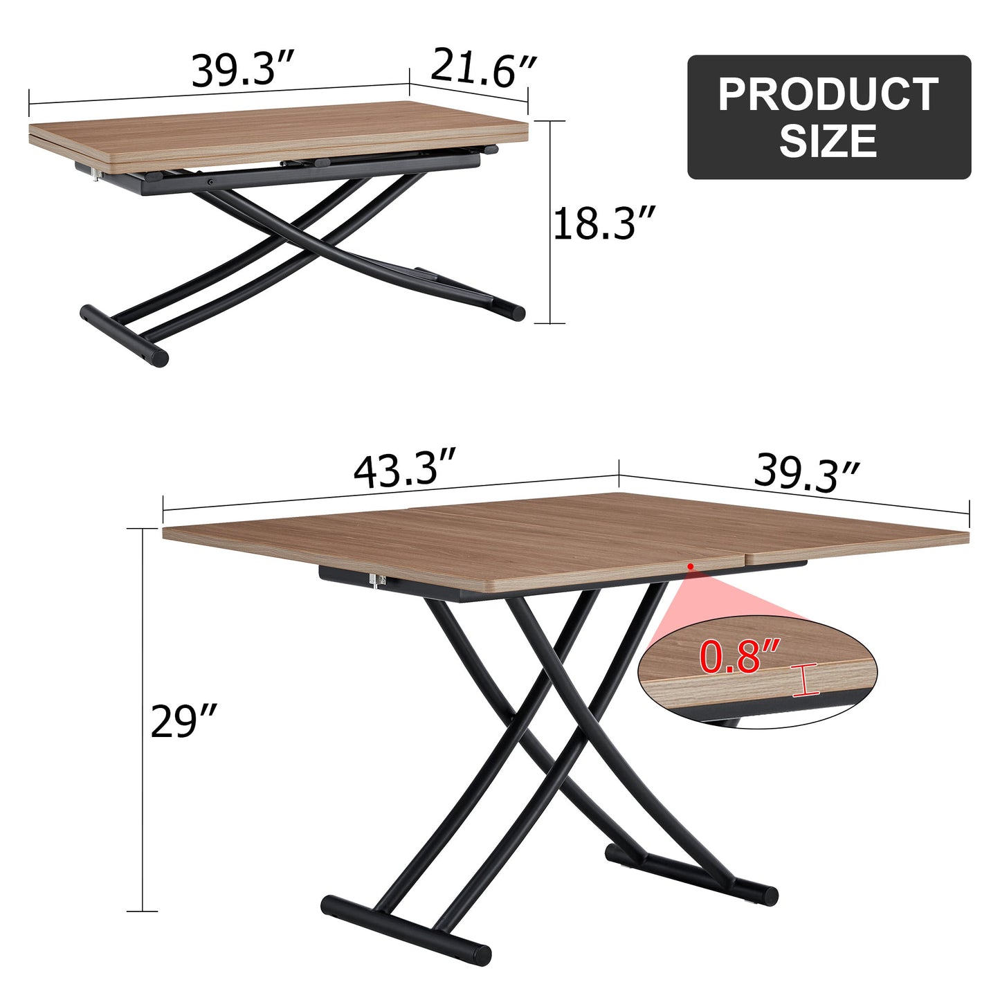 Modern Minimalist Multifunctional Lifting Table, With a 0.8-Inch Wood Grain Process Sticker Desktop and Black Metal Legs