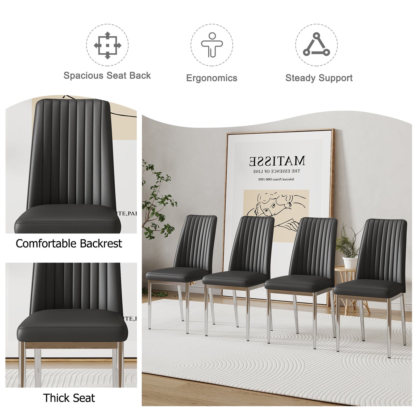 A Set of 6 Dining Chairs, Black Dining Chair Set, PU Material High Backrest Seats and Sturdy Leg Chairs, Suitable for Re