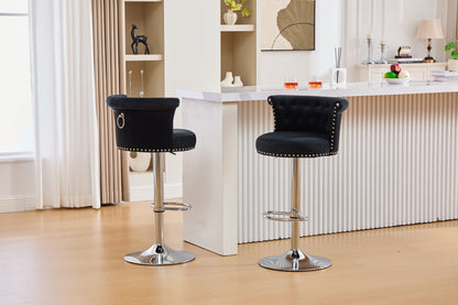 Velvet Bar Stool Set of 2, Adjustable Swivel Bar Stools With Silver Plated Metal Leg, Chrome Nailhead, Counter Height Ch