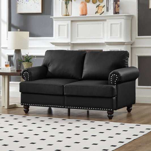 59.5' Modern Classic Design With Nails Living Room Loveseat Leather Couch,Upholstered Imitation Cowhide Leather Black