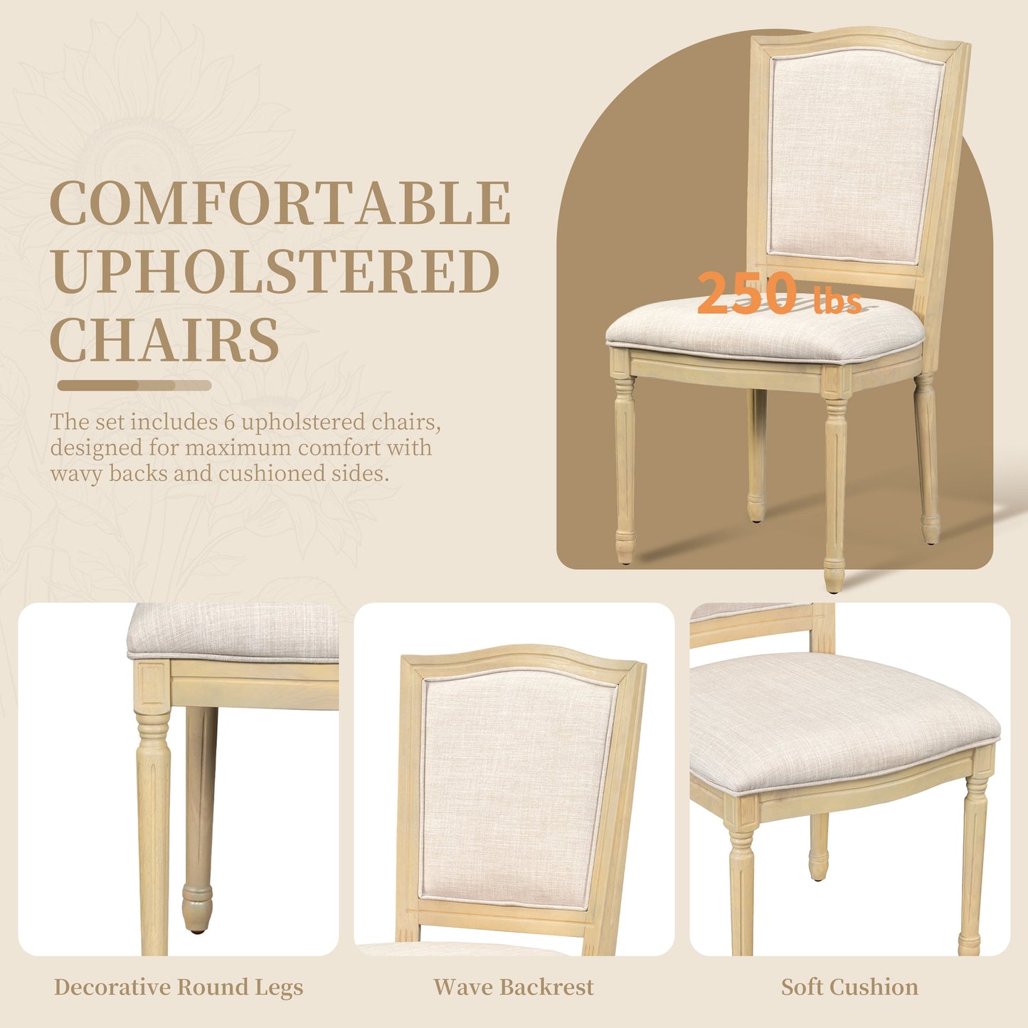 Rustic 7-Piece 78.1inch Extendable Dining Table Set With 18inch Removable Leaf, 6 Upholstered Dining Chairs, 2 Built-In