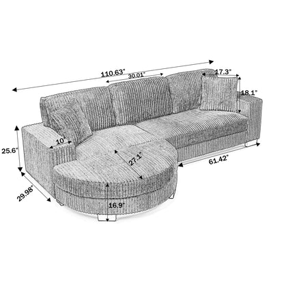 Corduroy Tufted Upholstered Sleeper Sectional Sofa, L-Shaped Modular Convertible Sofa ,The Arc-Shaped Footstool Can Be P