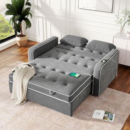 61.4' Upholstered Sleeper Bed, Pull Out Sofa Bed Couch Attached Two Throw Pillows, Dual USB Charging Port and Adjustable