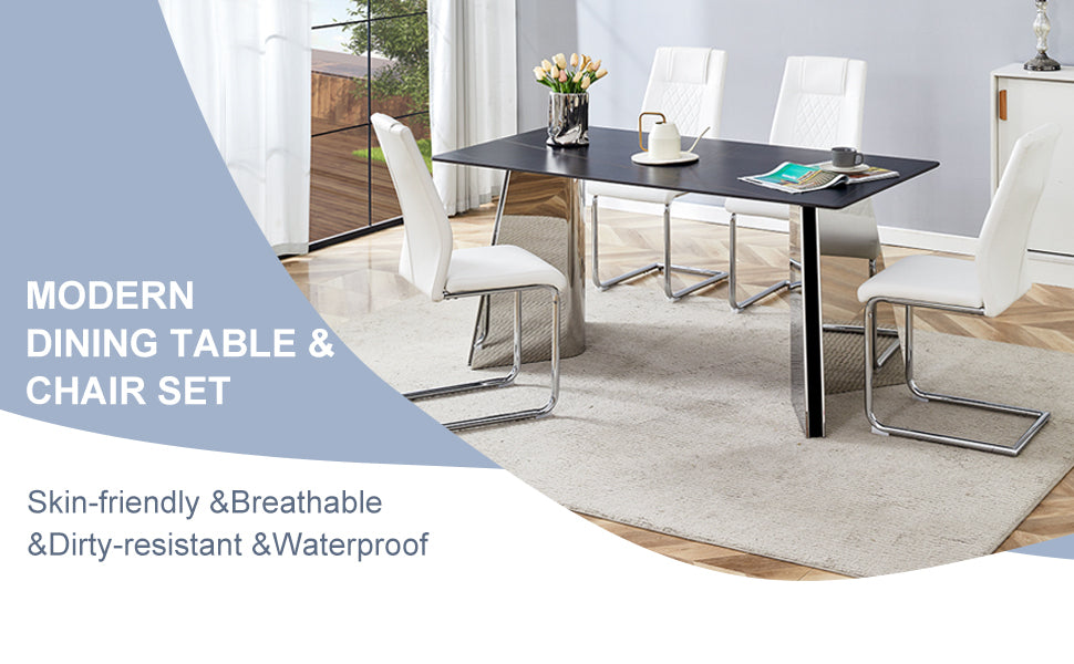 Table and Chair Set.63'x31.5x30' Black Marble-Patterned Slabs Tabletop With Stainless Steel Butterfly Legs.Paried With 4