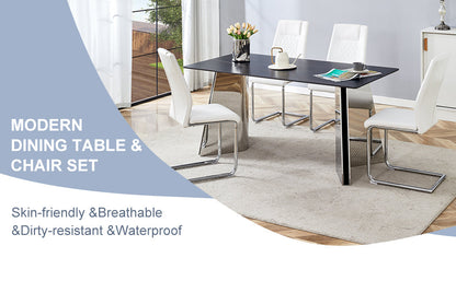 Table and Chair Set.63'x31.5x30' Black Marble-Patterned Slabs Tabletop With Stainless Steel Butterfly Legs.Paried With 4