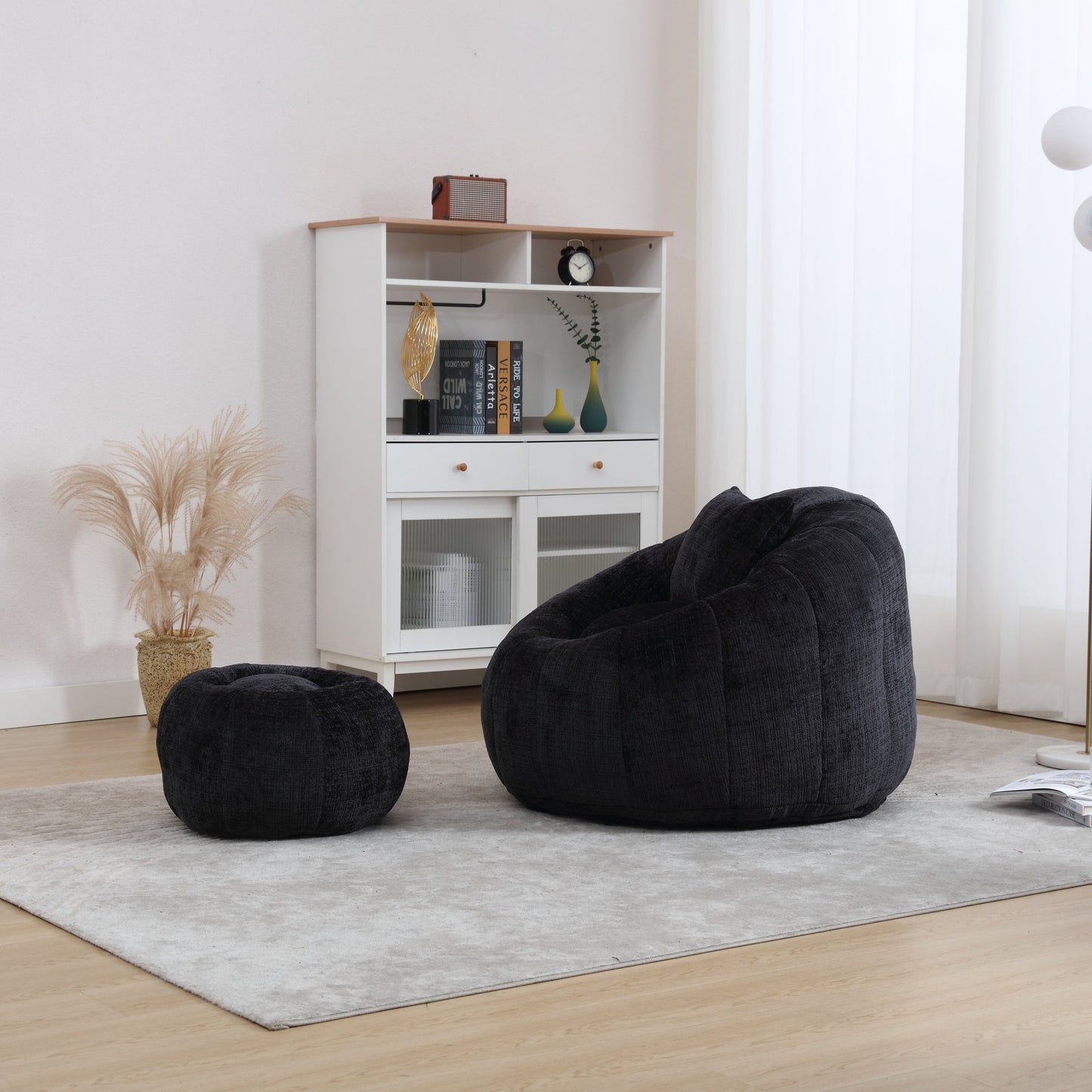 Modern Extra Large Round Bean Bag Chair With Footrest for Living Room, Chenille Fabric Lazy Sofa With Pillow for Adults,