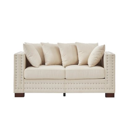 Modern Design Living Room Sofa Square Armrest With Silver Nails Decoration Upholstered Velvet Loveseat Apricot