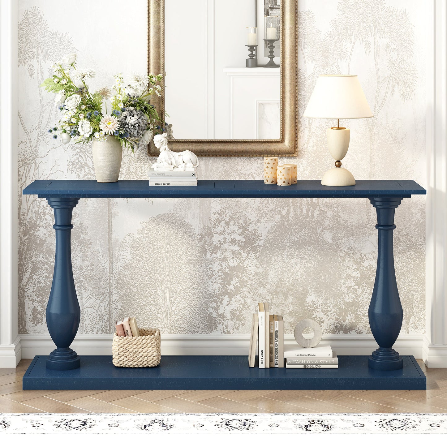 Vintage Sofa Table Console Table With Luxurious Pine Veneer and Elegance Vase-Leg Design,for Living Room Study Room Entr