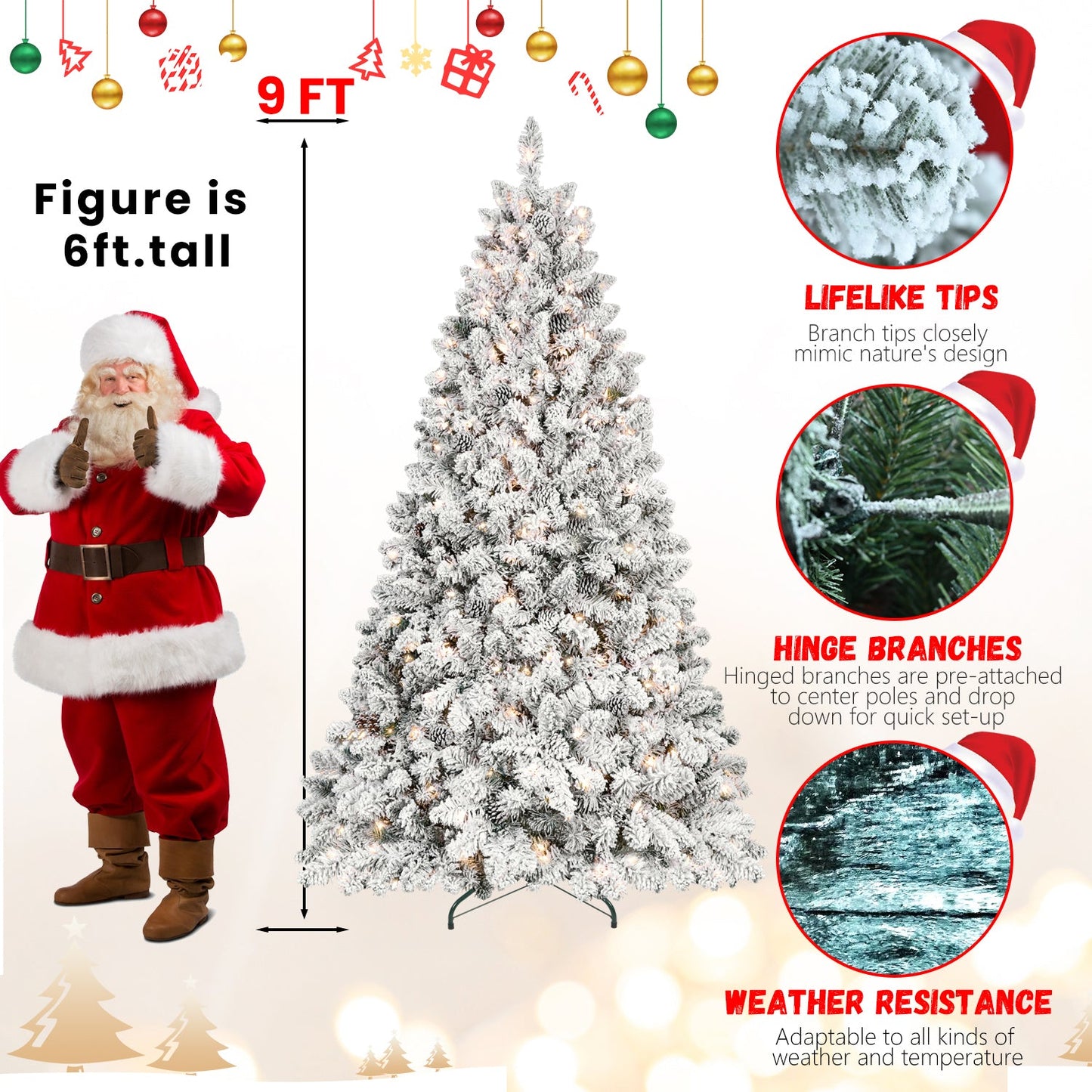 8FT Flocked Christmas Tree With 700 UL Lights and 54 Natural Pine Cones – Snowy PVC Tips, 1754 Tips, Hinged Structure, S