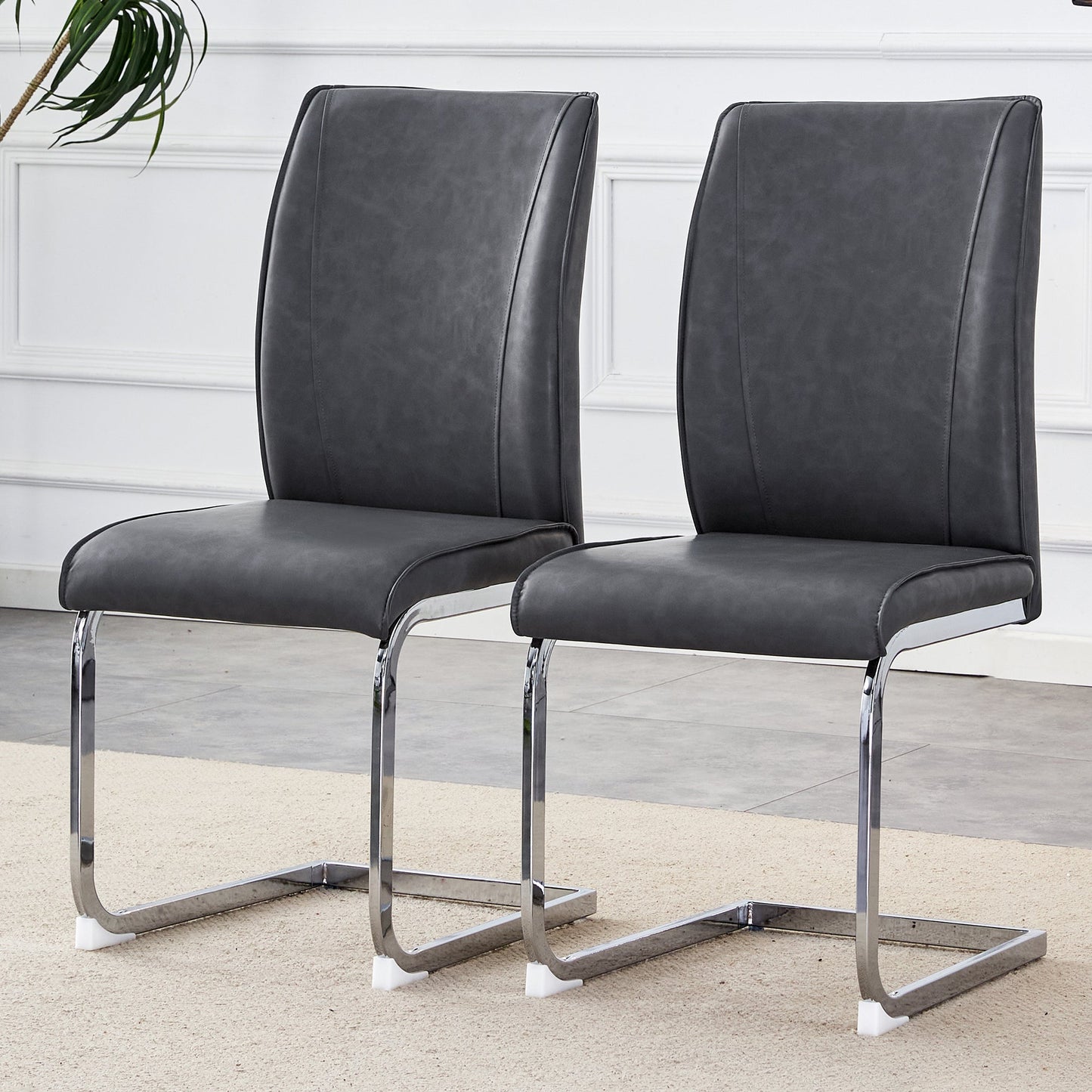 Luxury Simple Arch Chair - Set of 2 Dark Gray PU Material High Resilience Dining Chair With Arched Metal Silver Leg.Craz