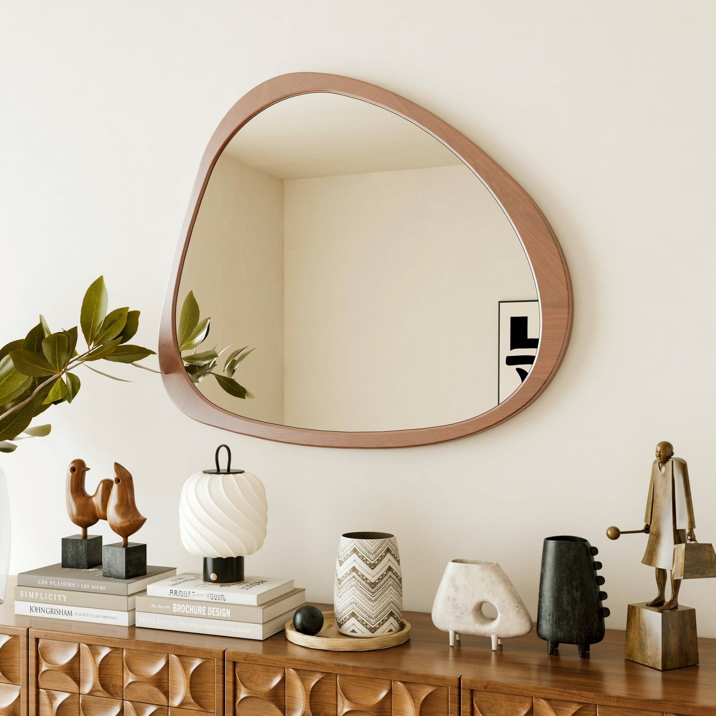 Solid Wood Mirror 45 Inch Asymmetrical Wall Mirror Wooden Framed Mirror Large Sized Dressing Mirror, for Living Room, Be