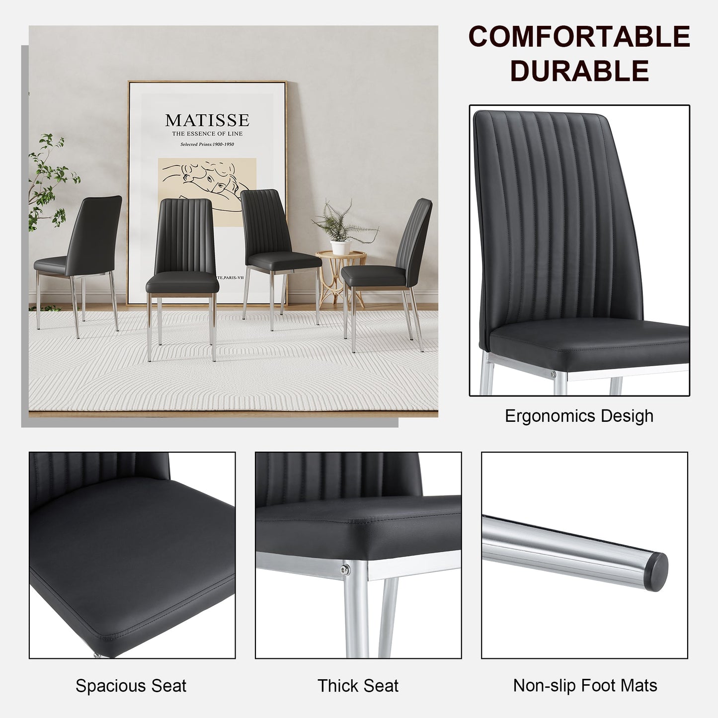 A Set of 6 Dining Chairs, Black Dining Chair Set, PU Material High Backrest Seats and Sturdy Leg Chairs, Suitable for Re