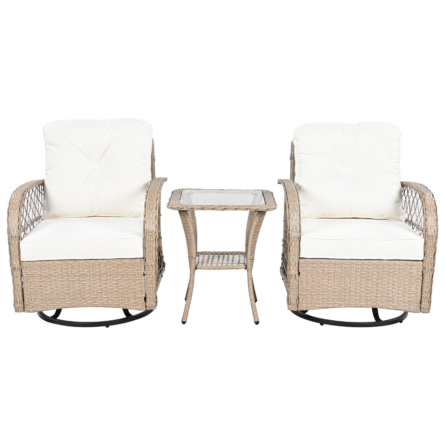 3-Piece Outdoor Chair&Table Set Chat Set 2-Person Rattan Seating Group With Two Swivel Chairs and a Square Table for Gar