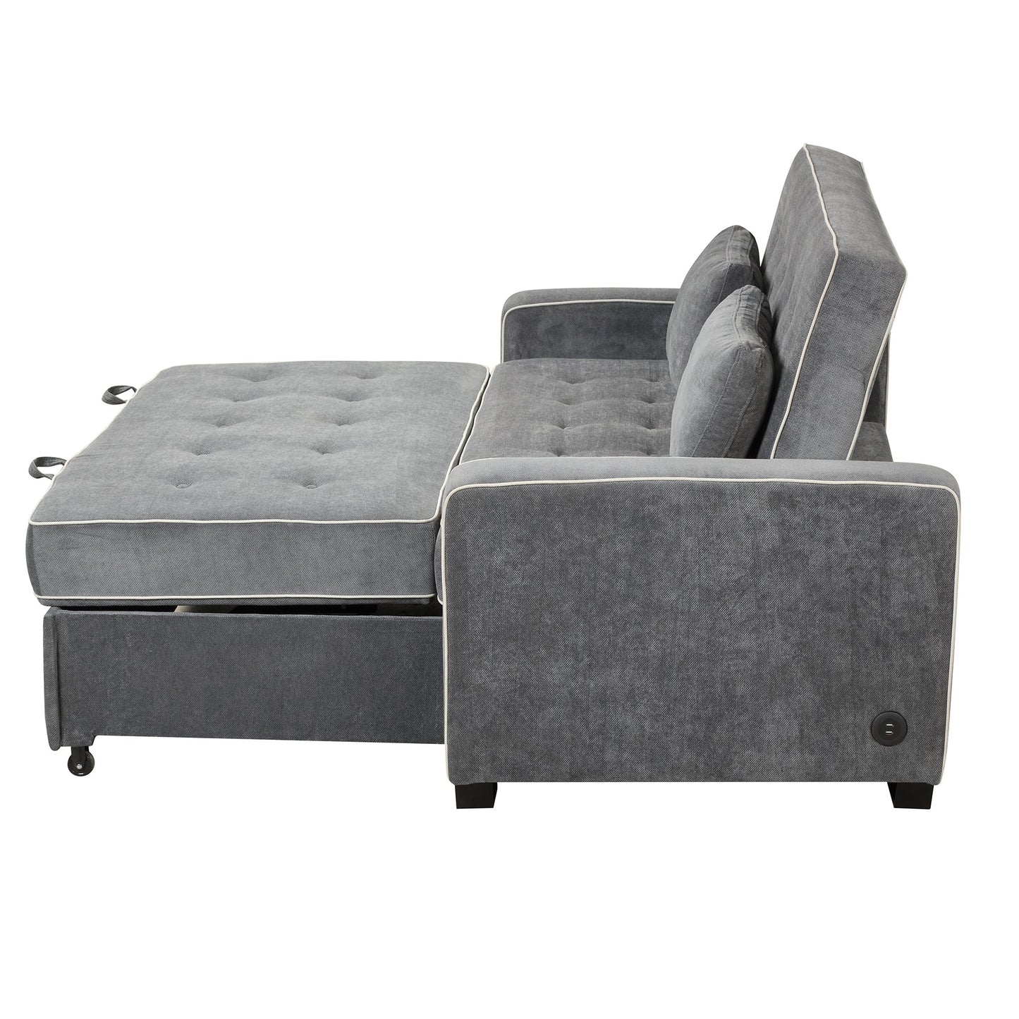 61.4' Upholstered Sleeper Bed, Pull Out Sofa Bed Couch Attached Two Throw Pillows, Dual USB Charging Port and Adjustable