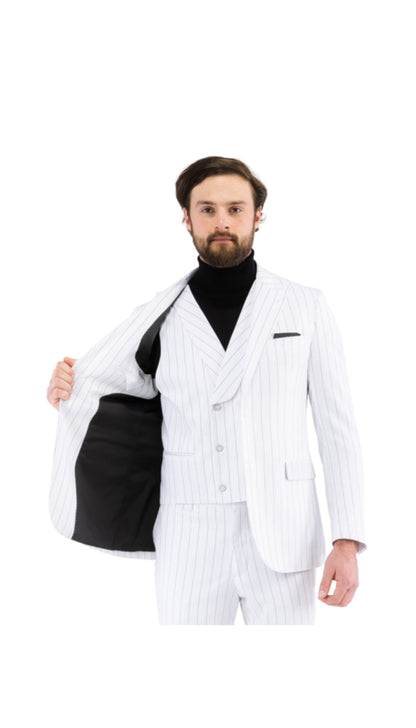 Bellagio White Black Mens 2 Button Slim Peak Lapel Suit With Pick Stitching Ticket Pocket Double Breasted Vest With Shaw