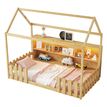 Twin Size House Bed With LED Light, Wood House Bed With Storage Bookshelf, Floor House Bed With Guardrails for Kids, Nat
