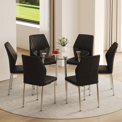 Table and Chair set.A 38.6' Transparent Tempered Glass Round Dining Table-Silver Metal Legs.Paired With 6 BLACK PU Mater