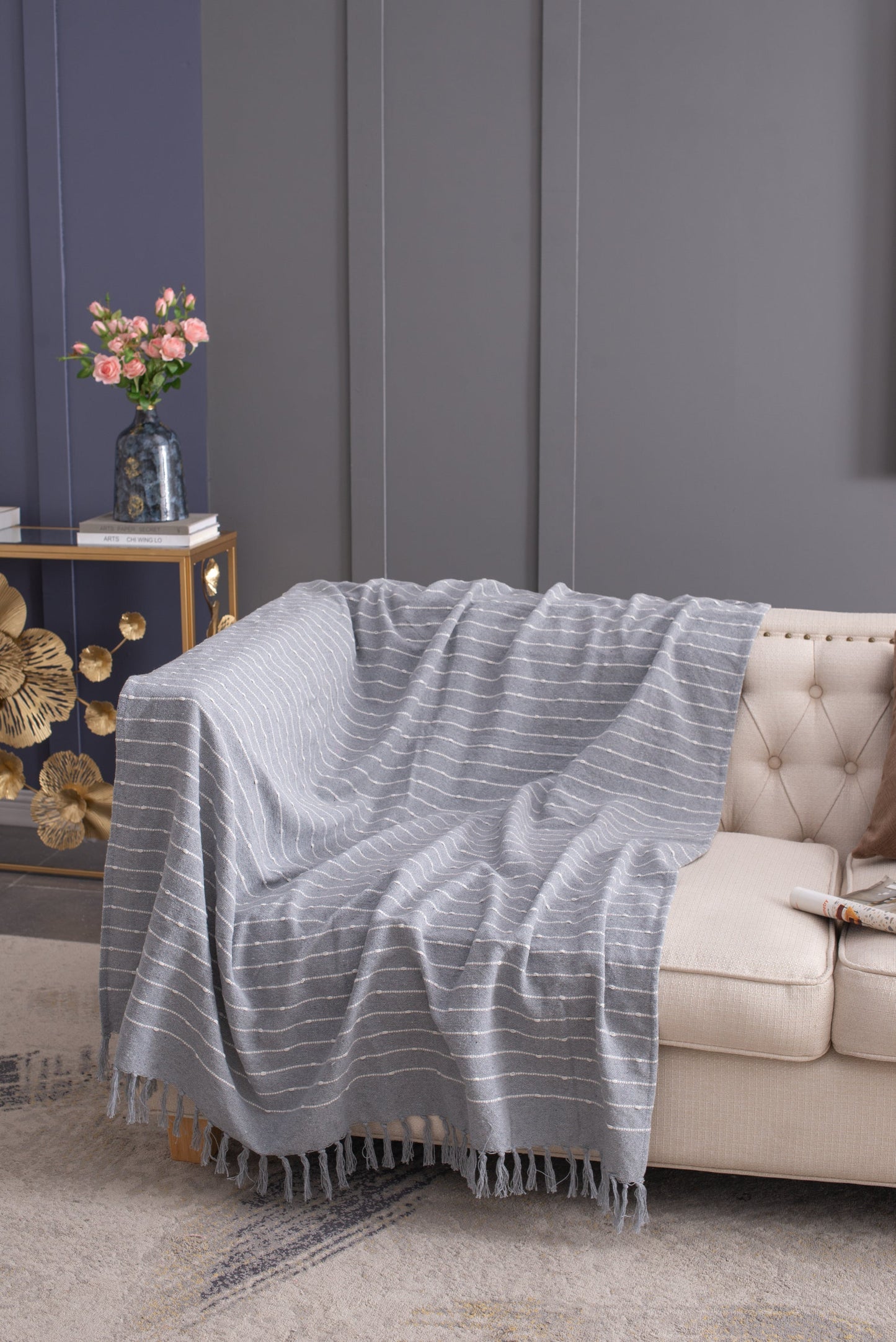 50x60' Gray Striped Decorative Throw Blanket With Tassels and Horizontal Stripes, 2 Pack