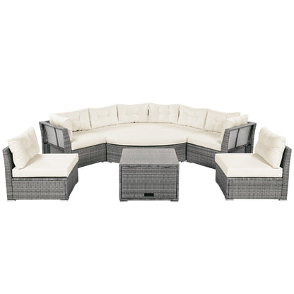 Patio Furniture Set Outdoor Daybed Rattan Sectional With Cushions and Center Table, Beige, Iron & Rattan, Multiple Sizes
