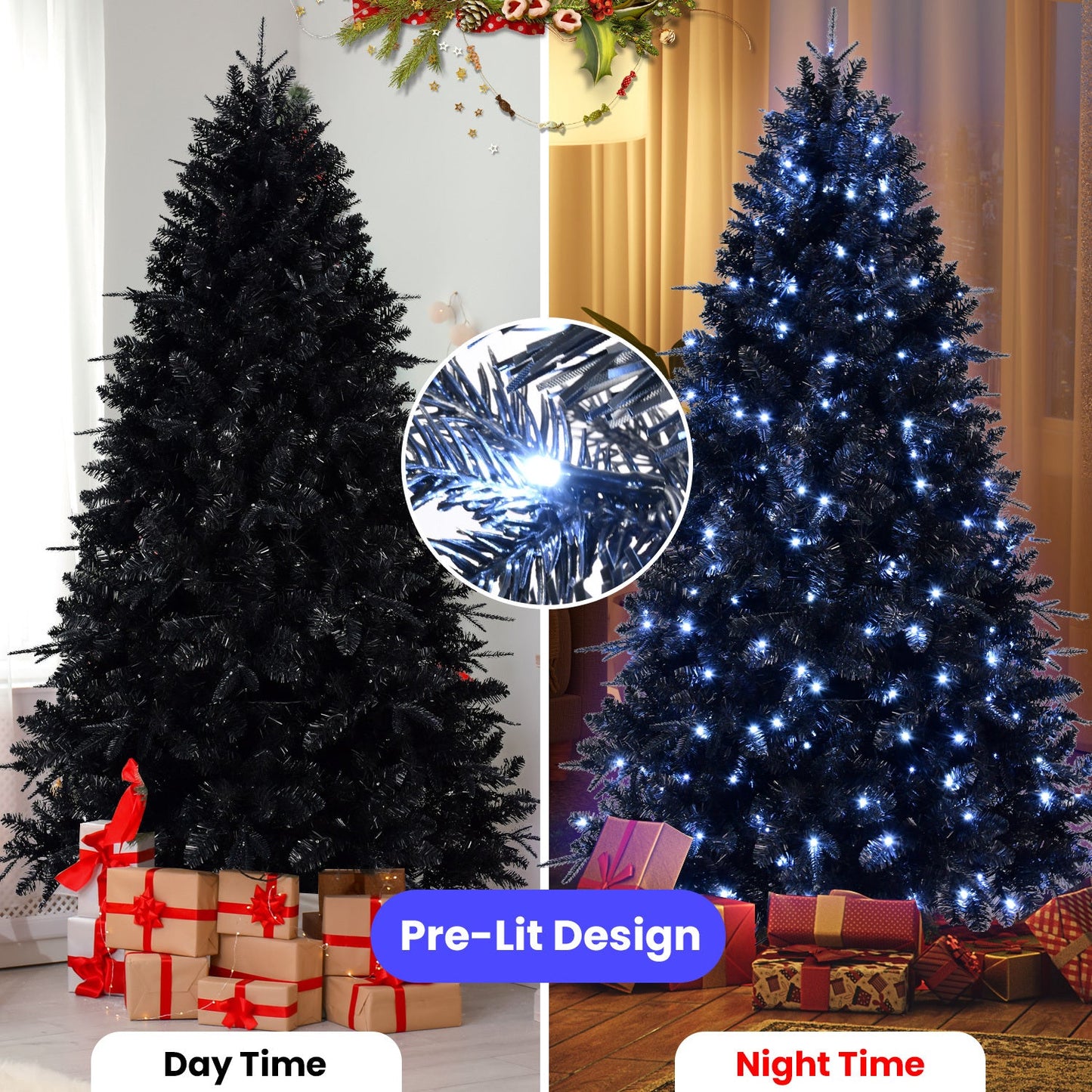 7ft Black Christmas Tree With 450 White LED Lights, 1916 Tips PE+PVC Artificial Tree for Halloween & Holiday Decor, Hing