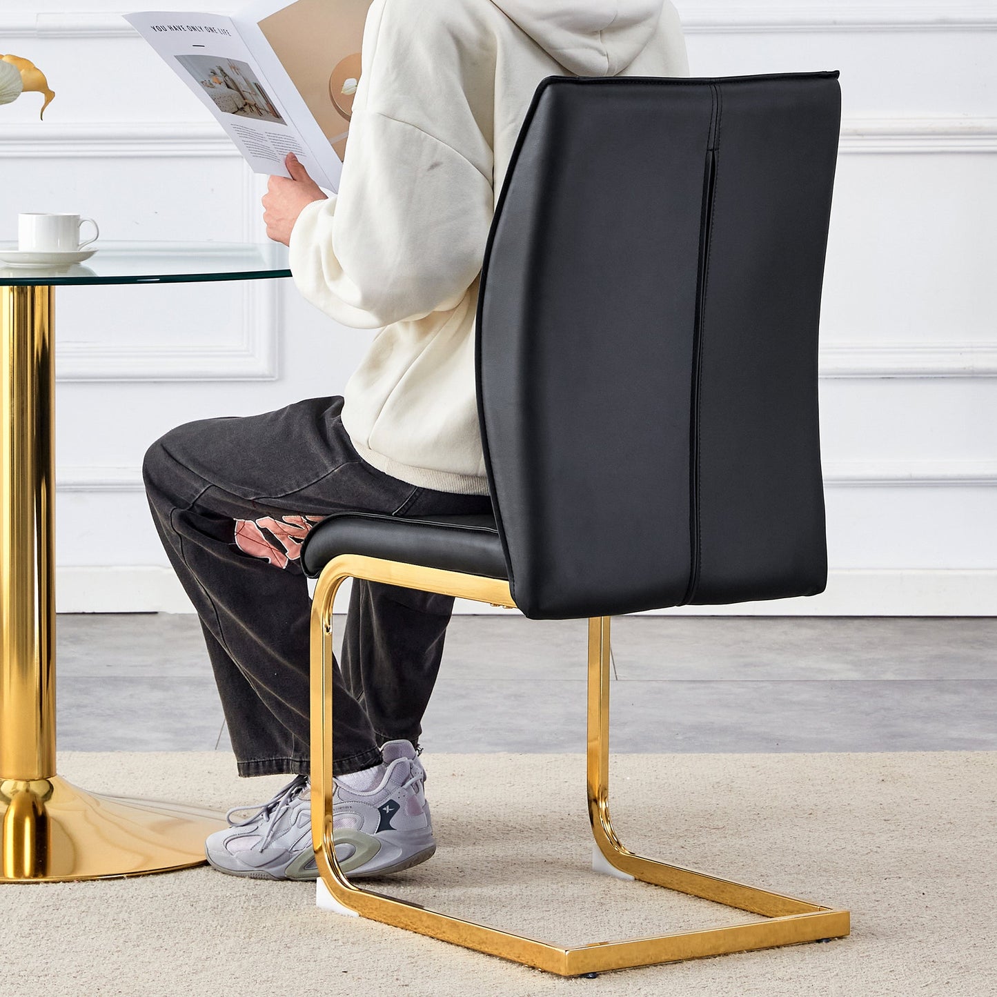 Luxurious and Minimalist Chair Covers, 2 High Elasticity Dining Chairs, Black PU Material, Metal Gold Arched Legs.