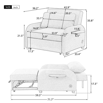 3-In-1 Pull Out Sofa Sleeper With Wing Table and USB Charge, Black Linen Upholstery, Iron Frame
