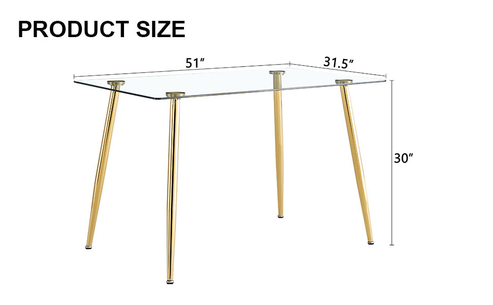 Modern Minimalist Rectangular Glass  Dining Table for 4-6 With 0.31' Tempered Glass Tabletop and Golden Plating Metal Le