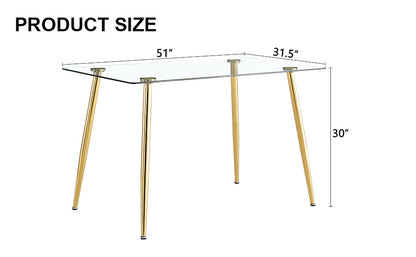 Modern Minimalist Rectangular Glass  Dining Table for 4-6 With 0.31' Tempered Glass Tabletop and Golden Plating Metal Le