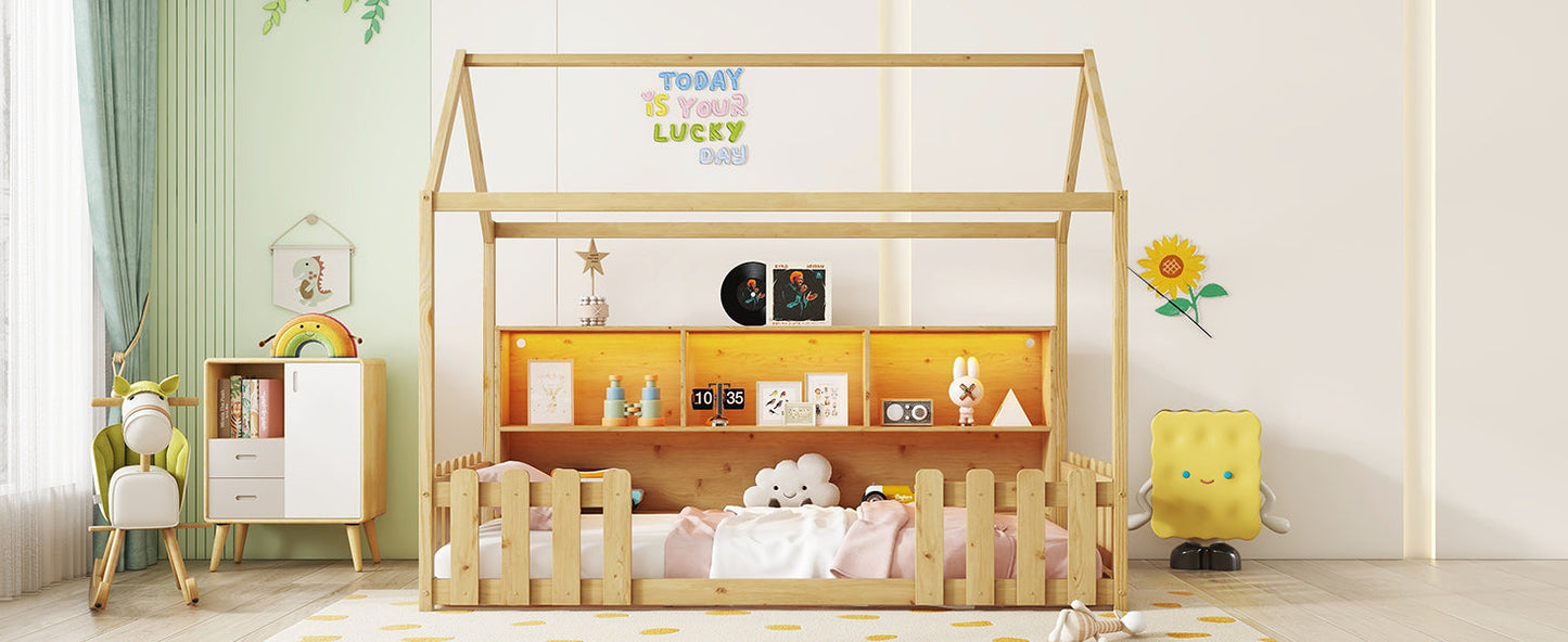 Twin Size House Bed With LED Light, Wood House Bed With Storage Bookshelf, Floor House Bed With Guardrails for Kids, Nat