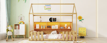 Twin Size House Bed With LED Light, Wood House Bed With Storage Bookshelf, Floor House Bed With Guardrails for Kids, Nat