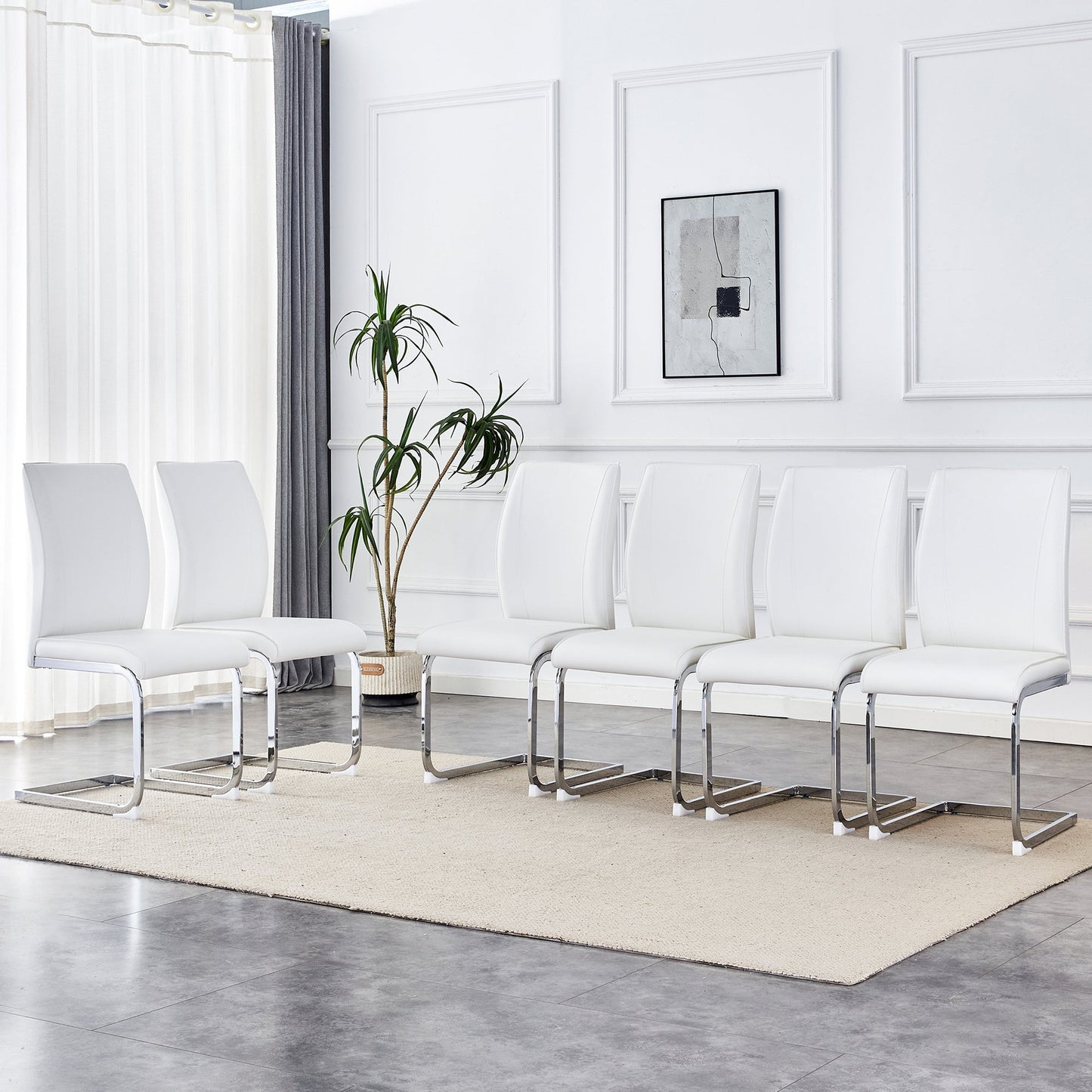 Luxury Simple Arch Chair - Set of 6 White PU High Resilience Dining Chair With Arched Metal Silver Leg