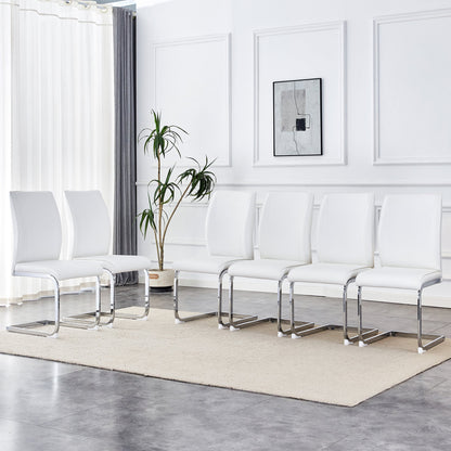 Luxury Simple Arch Chair - Set of 6 White PU High Resilience Dining Chair With Arched Metal Silver Leg