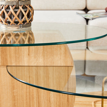 Modern Light Wood Grain Double Layer Coffee Table - Versatile Design, Multiple Colors, MDF and Reinforced Glass, Oval Co
