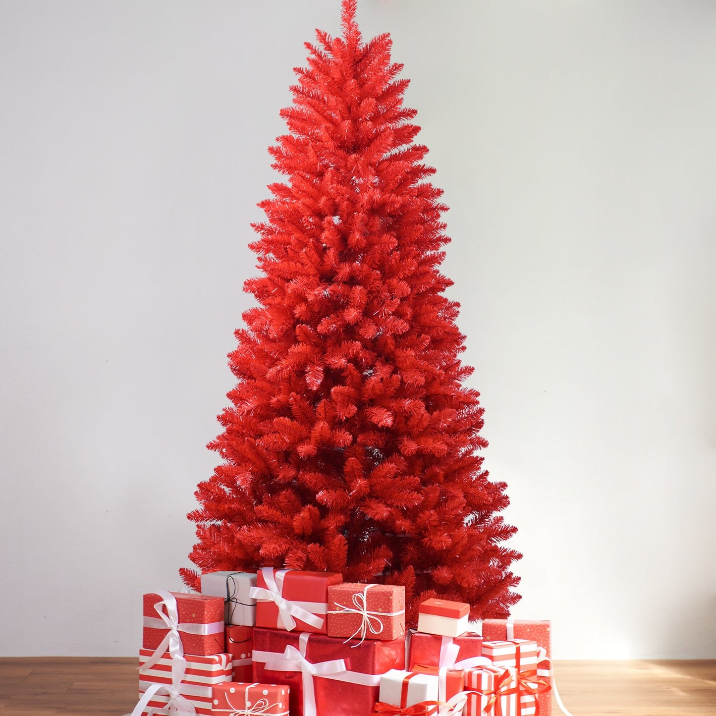 5FT Red Christmas Tree – Pure Red PVC Tree With 624 Tips, Hinged Branches for Easy Setup, Stable Metal Stand, Bold Holid