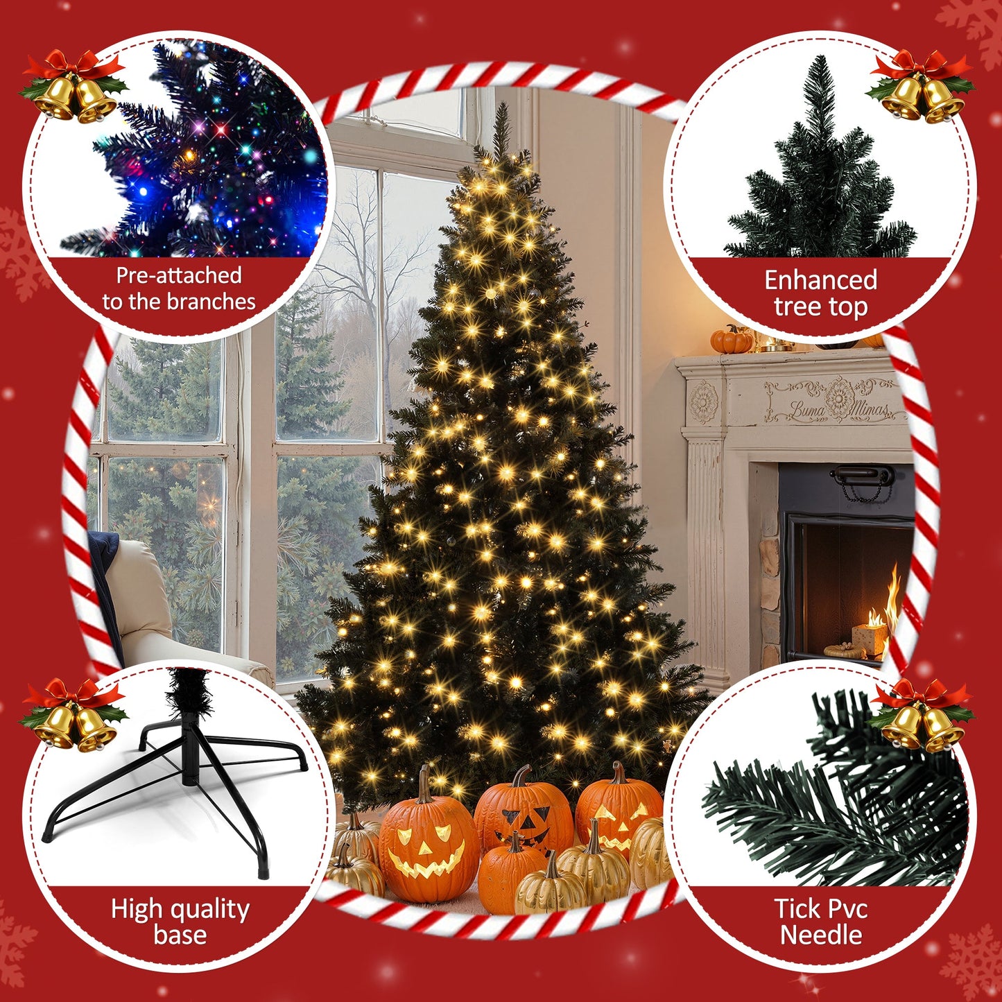6FT Pre-Lit Black Artificial Hinged Christmas Tree, Holiday Spruce Xmas Tree With 920 Branch Tips and 280 Color LED Chan