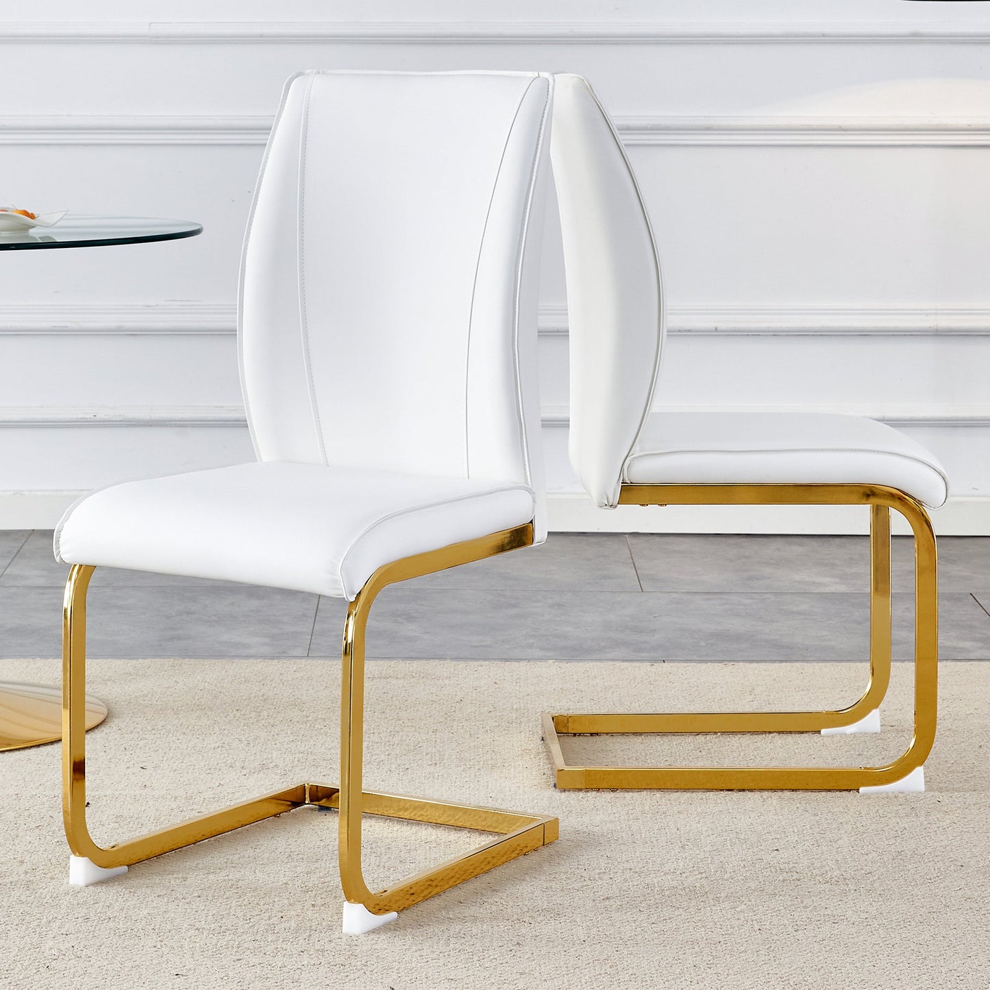 Luxury Simple Arch Chair Set of 2 - High Resilience Dining Chair With Arched Metal Gold Legs, White PU Material
