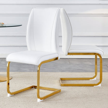 Luxury Simple Arch Chair Set of 2 - High Resilience Dining Chair With Arched Metal Gold Legs, White PU Material