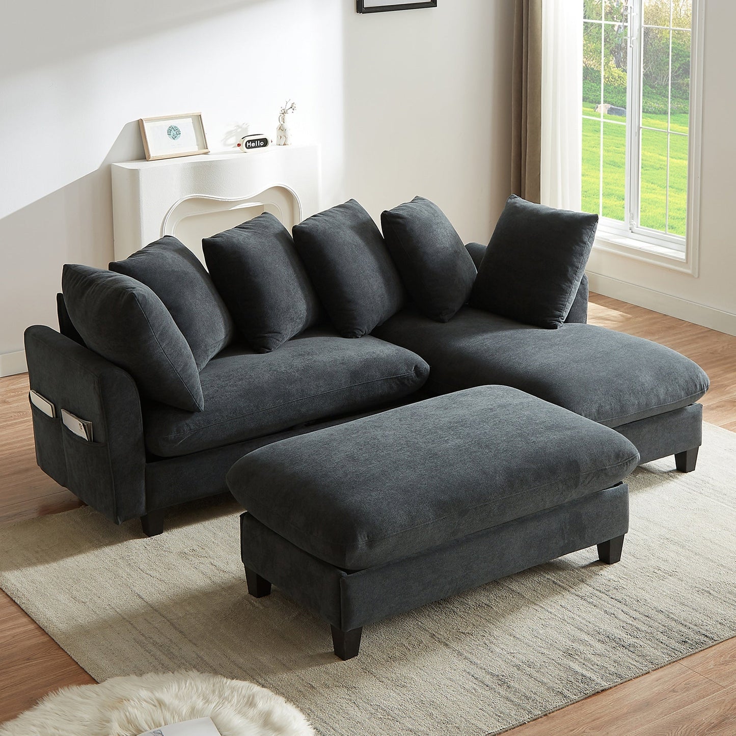 Black Upholstered 83' L-Shaped Sectional Sofa With Storage, Movable Ottoman, and Six Throw Pillows