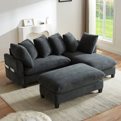 Black Upholstered 83' L-Shaped Sectional Sofa With Storage, Movable Ottoman, and Six Throw Pillows