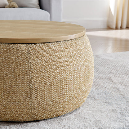 Round Storage Ottoman, Woven Rattan Fabric Ottoman, 2 in 1 Function, Work as End Table and Ottoman,with Small Seat-Natur