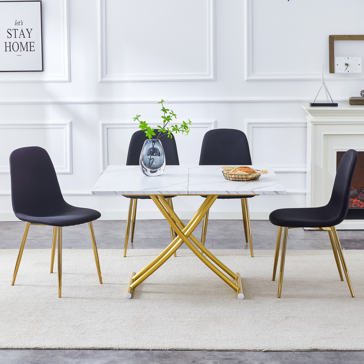 Table and Chair Set. Modern Multifunctional Lifting Platform, White Textured Sticker MDF Desktop, Gold Metal Legs. Paire