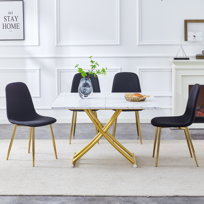 Table and Chair Set. Modern Multifunctional Lifting Platform, White Textured Sticker MDF Desktop, Gold Metal Legs. Paire